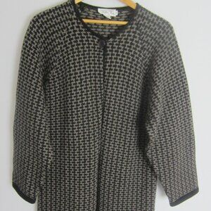 Vtg Sir For Her Womens Small Taupe Black 100% Wool LS Cardigan Sweater Coat S